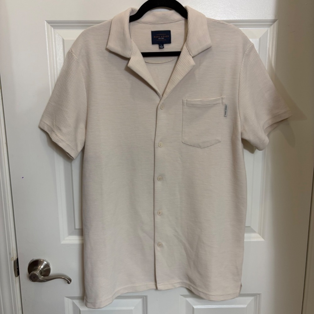 Marc Asher New York Mens Cream Ribbed Short Sleeve Camp Collar Shirt L